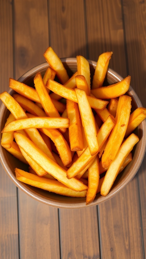 Crispy French fries in a bowl with ketchup on a wooden table.
